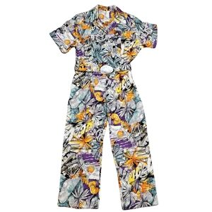 Vintage Handmade Floral Jumpsuit, Abalone Belt, Mother of Pearl, Multicolored